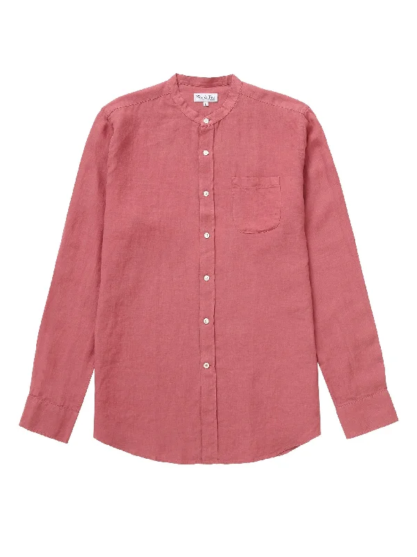 100% Linen Collarless Shirt - Cassis