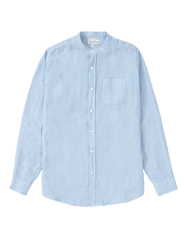 100% Linen Collarless Shirt - Cool Blue