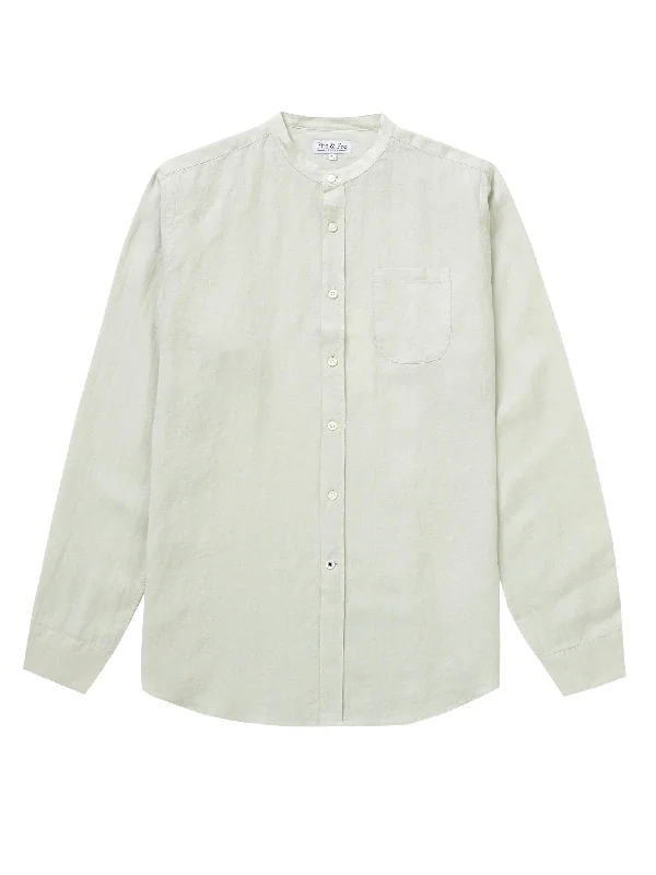 100% Linen Collarless Shirt - Light Sage