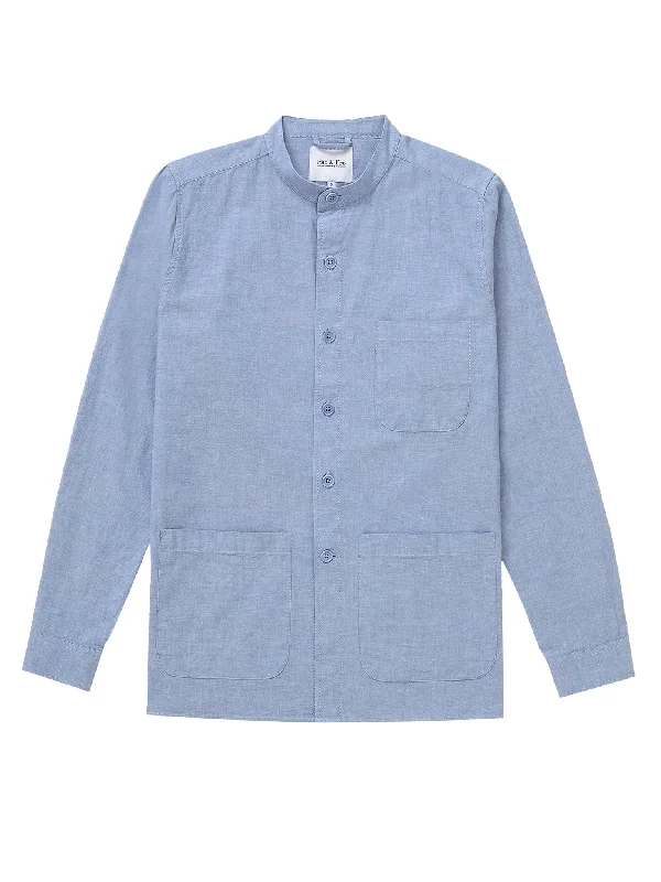 Cotton Collarless Overshirt - Chambray Blue