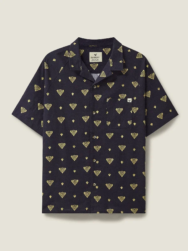 Navy Zapata Printed Cuban Collar Shirt