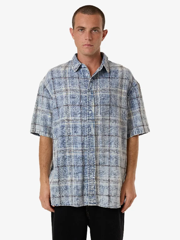 Society Oversize Short Sleeve Check Denim Shirt - Bleach Blue