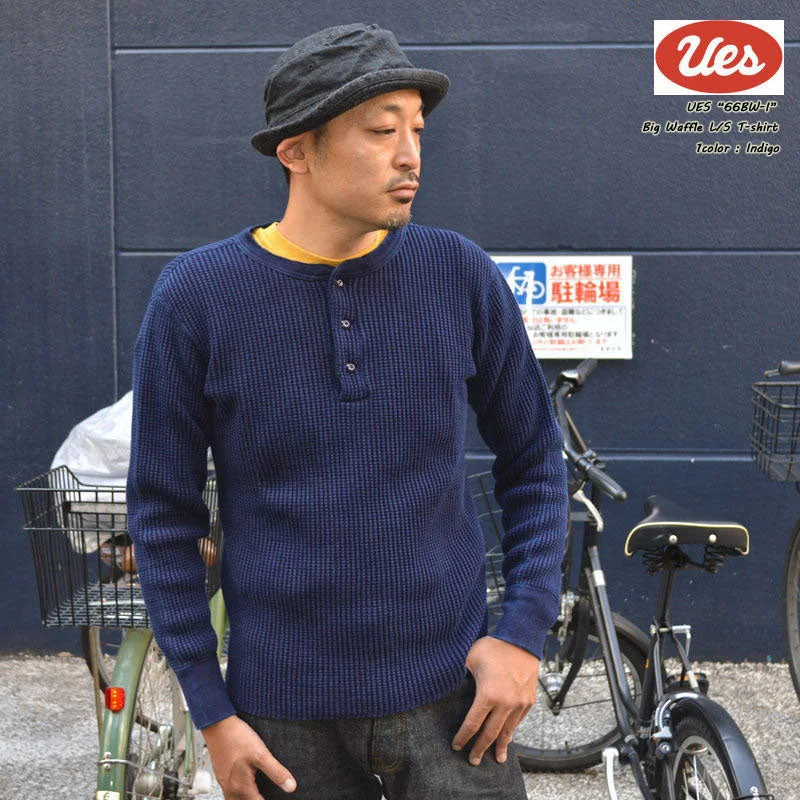 UES "66BW-I" INDIGO BIG WAFFLT HENLEY NECK T-SHIRT Thermal